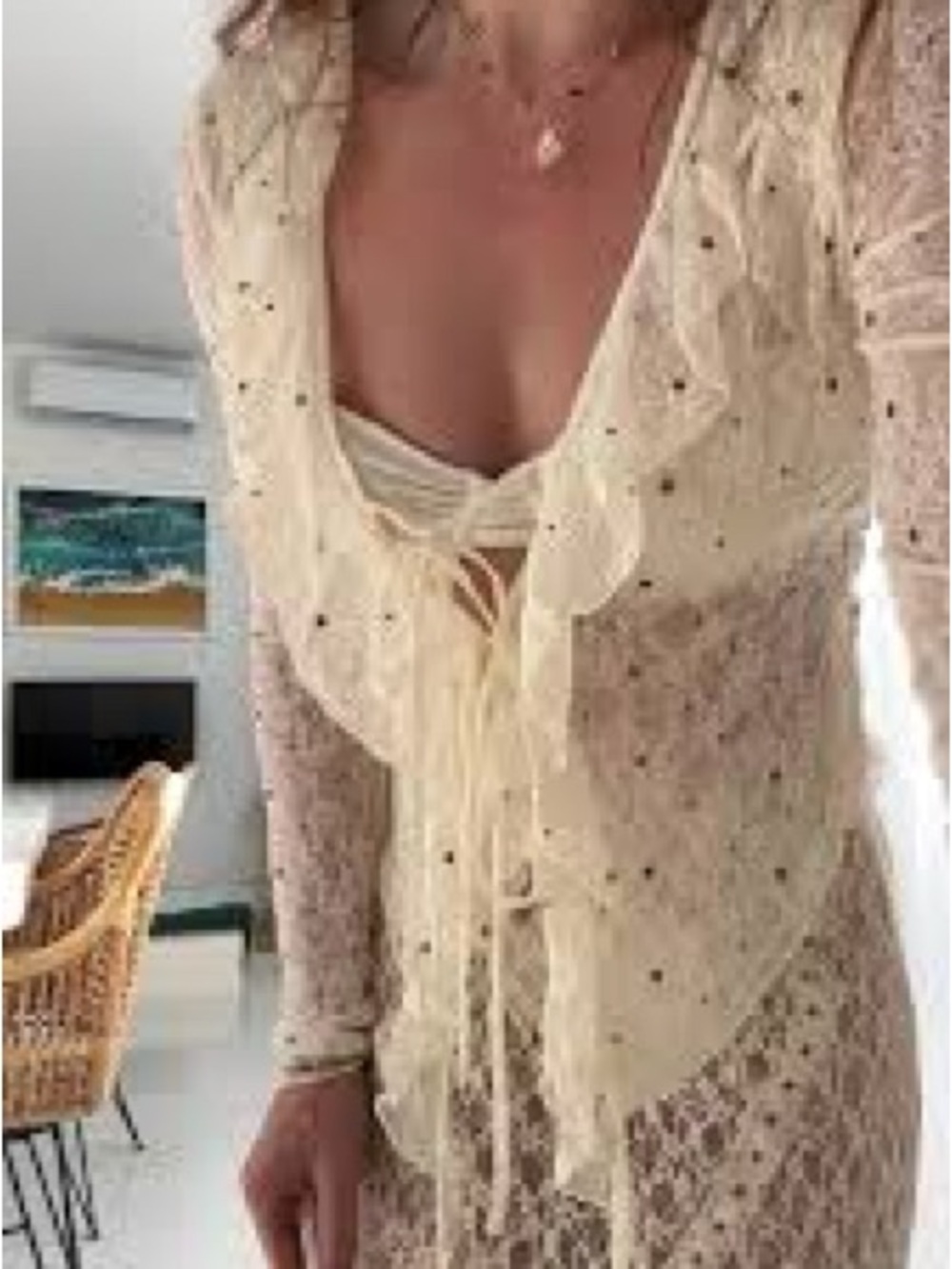 NWT Zara Sheer Lace Tie-Front Top